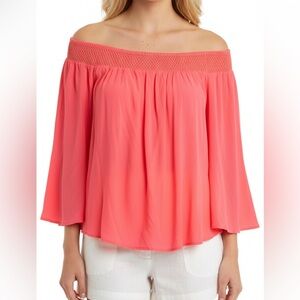 Lilly Pulitzer Pink Coral Off The Shoulder Smocked Top Large